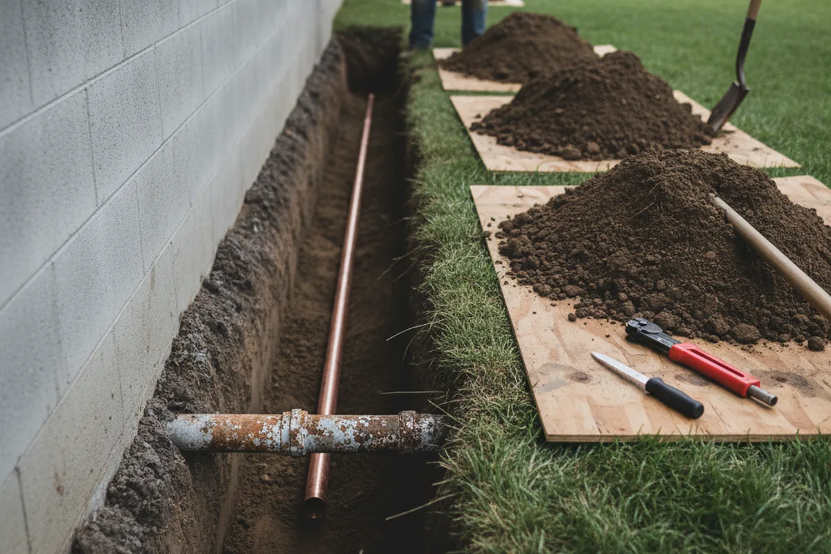 Excavated water line trench during Water Softener Installation in Clarksville